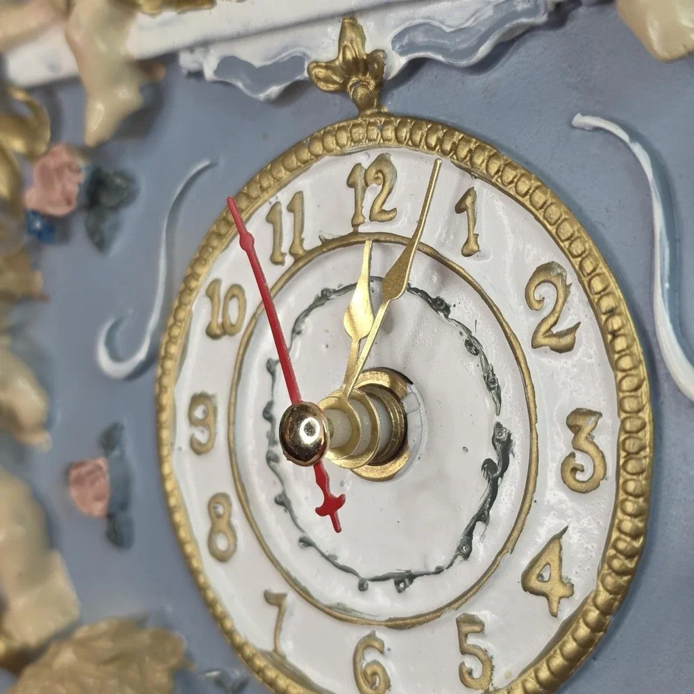 Vintage 3D Cherub Angel Cupid & Roses Hanging Chime Musical Wall Clock Works!